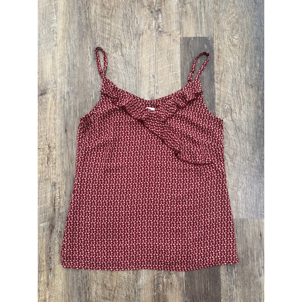 Cabi Burgundy Tan Geometric Ruffle V-Neck Cami Tank Top Style 4186 Small
